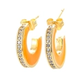 Golden C-shaped earrings with vibrant orange enamel and double rows of white zircons - Orange