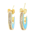 Detail of C-shaped gold hoop earrings with sky blue enamel and sparkling white zirconias - Blue