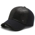 Men's winter baseball cap with black faux leather and navy blue mesh stitching detail - Adjustable / Navy Blue