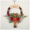Christmas wreath with reindeer doll, red berries and Merry Christmas banner decoration - Large Branch Wreath Reindeer