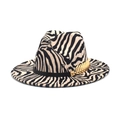 Detail of zebra pattern wool fedora hat featuring a stylish gold leaf metal accessory - M (56-58cm) / Off White