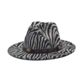 Zebra print wool fedora hat with a brown leather band and metal buckle on white background - M (56-58cm) / Gray
