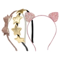 Set de diademas con purpurina con lazo marrón, estrellas doradas y orejas de gato - Juego de 3 Diademas