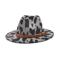 Grey wool felt jazz fedora featuring a black cow pattern and brown suede band accent - M (56-58cm) / Gray