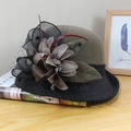 Detail showing the retro wool felt hat with mesh veil and fabric flower decoration - Adjustable / Army Green (Mesh Contrast Bicolor Flower)