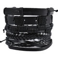Close-up of five-piece set of black braided leather bracelets with mixed textures - Black Multilayer Woven Style (TZ-87-1)
