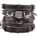 Multilayer dark brown braided leather bracelet set with vintage metal charms on white background - Dark Brown Metal Plate Vintage Style (TZ-87-4)