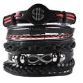 5Pcs Vintage braided leather bracelet set for men featuring metal charms and red accents - Black & Red Dollar Symbol Set (TZ-87-6)