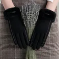 Women's black thermal touchscreen cashmere gloves with faux fur trim and coral fleece lining - 0302 Black