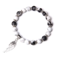 Minimalistisches Perlenarmband aus weißem Türkis mit Vintage Silberflügel und Rose - Schwarz-Weißer Zebra-Stein