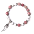 Pink and white turquoise beaded bracelet with silver wing and rose flower charm pendant - Red Wood Grain Stone