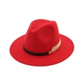 Red wool felt fedora hat for women with black leather band and golden leaf accent - 57cm Adult One Size / Red