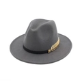 Classic grey wool felt fedora hat featuring a black band and a detailed gold leaf accent - 57cm Adult One Size / Gray