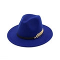 Close-up of dark blue wool fedora hat featuring black ribbon and gold feather accessory - 57cm Adult One Size / Sapphire Blue
