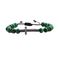 Detail of 8mm green tiger eye beads and black crystal cross on adjustable men's bracelet - Green Tiger Eye Black Cross