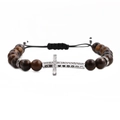 Close-up of 8mm tiger eye stone bracelet with silver cross pendant and braided rope - Yellow Tiger Eye Silver Cross
