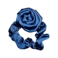 Elegant dark blue silk scrunchie featuring a large handmade rose flower design - Royal Blue