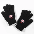 Close-up of black knit gloves with red Hello embroidery and elastic ribbed cuffs - Black Hello