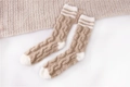 Plush light brown and white striped coral fleece sleeping socks with cable knit texture - One Size / Khaki