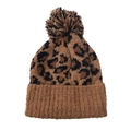 Women's winter leopard print knitted beanie with a fluffy faux fur pom pom - One Size / Brown