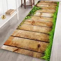 Detail of long flannel Christmas carpet with 3D nature printed wooden path and green grass - 60x180cm / 005-Rustic Wood Grass
