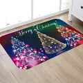 Detail view of navy blue flannel Christmas rug with Merry Christmas tree print on wood floor - 40x60cm / 007-Blue Magic Trees