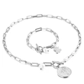 Silver link chain jewelry set with pearl pendants and angel coin charms for women - Steel Color Set (KS135409-Z)