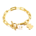 Gold paperclip chain bracelet featuring a white pearl and angel charm with T-bar clasp - Gold Bracelet (KB138413-Z)