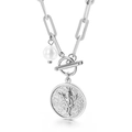 Silver paperclip chain necklace with pearl and angel relief pendant with T-bar clasp - Steel Color Necklace (KN113606-Z)