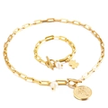 Gold paperclip chain jewelry set with pearl charms and angel pendants with T-bar toggles - Gold Set (KS135410-Z)