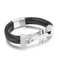 Men's braided black leather bracelet with silver polished bullet-shaped metal clasp - 19cm Steel Color (KB134629-KFC)