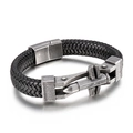 Black braided leather bracelet for men with matte silver bullet head metal clasp - 19cm Cooked Black (KB134630-KFC)