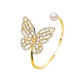 Bracelet jonc papillon doré élégant avec cristaux pavés et une perle blanche lustrée - 01kc Or Ky1466