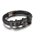 Men's punk braided black leather bracelet with three carved wolf heads and magnetic clasp - Black