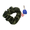 Dark green velvet scrunchie with zipper pocket shown with keys for scale - Dark Army Green