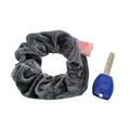 Gray velvet pocket scrunchie with hidden zipper closure shown with a key for scale - Dark Gray