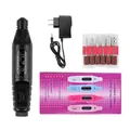 Electric nail drill kit in black with power adapter and six metal bits in purple box - US Plug / Black