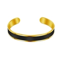 Detailed top view of gold-plated stainless steel cuff bracelet with black leather inlay - Gold