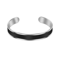 Close-up of titanium steel open bangle with black leather inlay texture on white background - Steel
