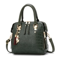 Dark green stone patterned PU leather tote bag with gold cat charm and tassel - Dark Green