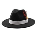 Detail of classic black wool fedora with white ribbed band and decorative feathers - Adjustable / Black