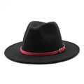 Close-up of black wool felt fedora with pink leather band and gold buckle detail - M (56-58cm) / Black