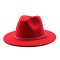 Classic red wool fedora hat with elegant pink band and golden buckle detail for men and women - M (56-58cm) / Red