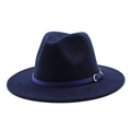 Detail of navy blue wool fedora hat featuring a stylish wide brim and golden buckle strap - Navy Blue