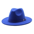 Detailed view of the navy blue wool fedora hat with a leather strap and golden buckle - Sapphire Blue