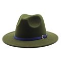 Classic dark olive green wool fedora hat with blue leather band and gold buckle detail - Army Green