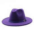 Close-up of deep purple wool fedora hat with blue faux leather band and gold buckle - M (56-58cm) / Purple