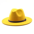 Detail of yellow wool fedora featuring a navy leather band and gold buckle accent - M (56-58cm) / Yellow
