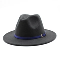 Detail of dark grey wool fedora hat with blue leather strap and golden crescent buckle - Dark Gray