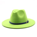 Detailed view of neon green fedora hat featuring dark blue leather band and gold buckle - Fluorescent Green